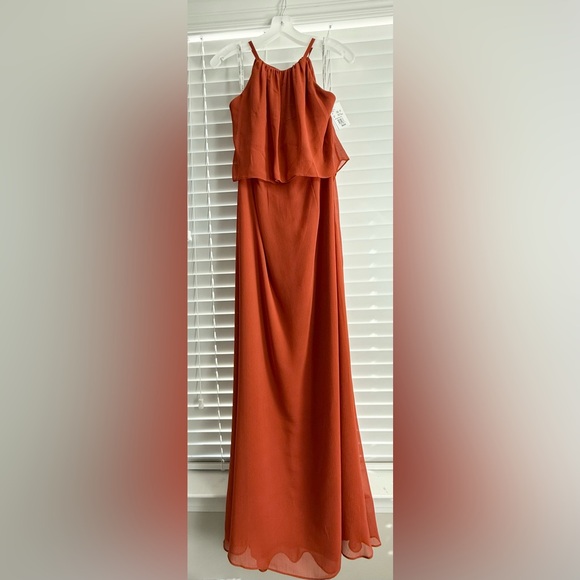 NWT David's Bridal Sienna orange high neck long chiffon dress size 10 - Picture 1 of 15